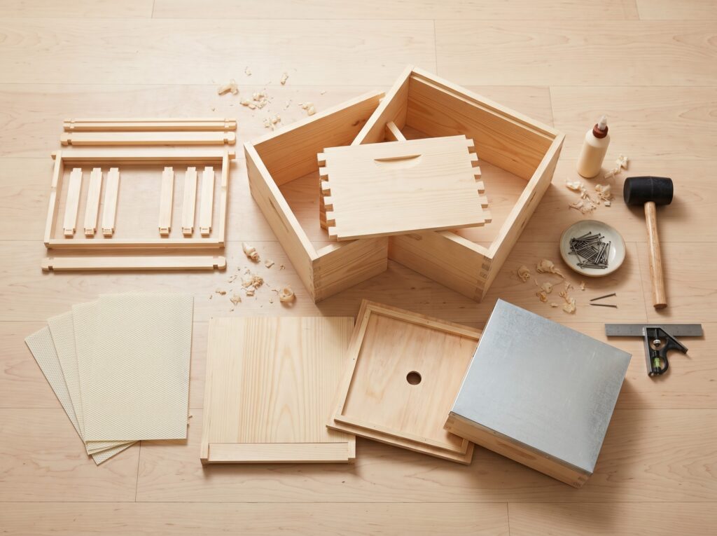 Unassembled flat-pack Langstroth hive kit parts and assembly tools laid out before building