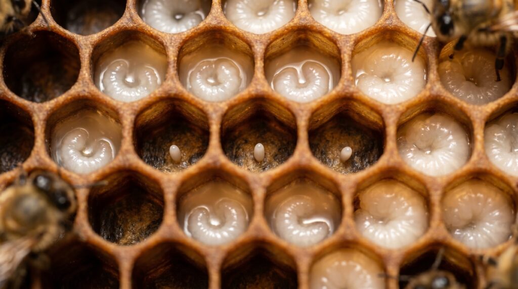 close-up of honeycomb cells showing tiny white eggs and young C-shaped larvae