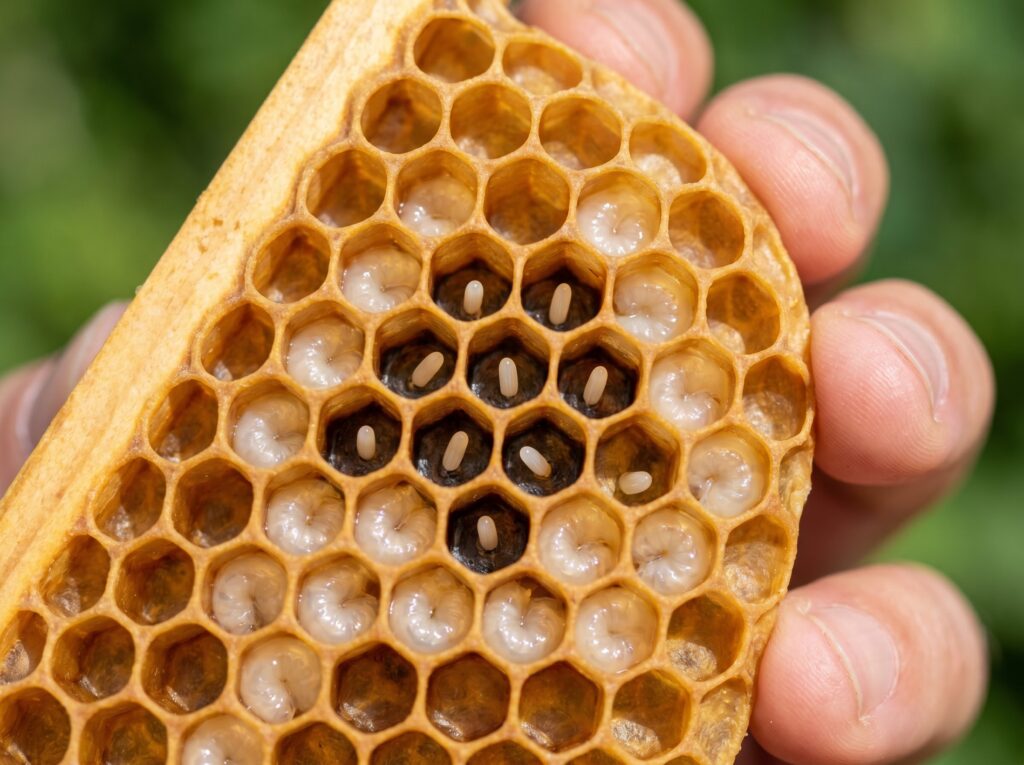 Macro view of honey bee eggs standing upright in wax cells confirming a queen is present