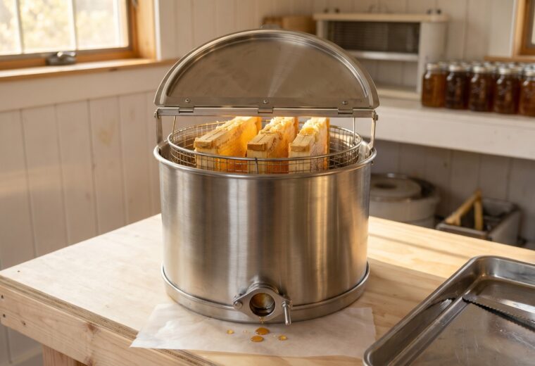 Stainless steel 3-frame radial honey extractor loaded with capped honeycomb frames ready to spin