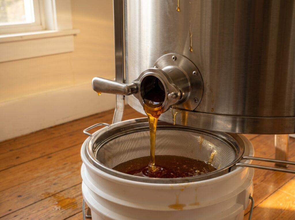 Honey gate valve on extractor drum flowing raw amber honey through a mesh strainer into a bucket