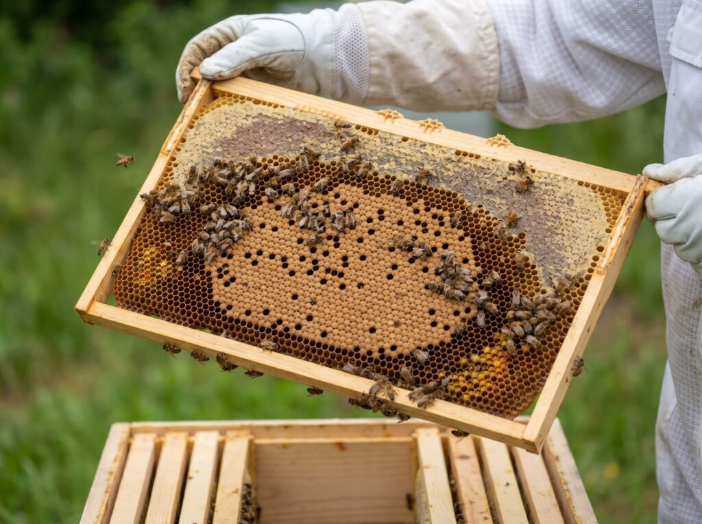 beekeeper holding a nuc frame with capped brood, honey, and calm bees