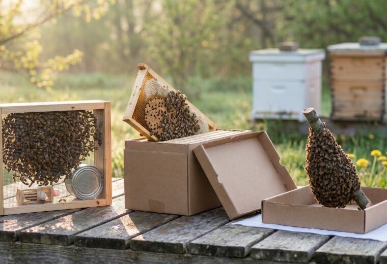 package box, open nuc, and swarm cluster showing three ways to buy bees