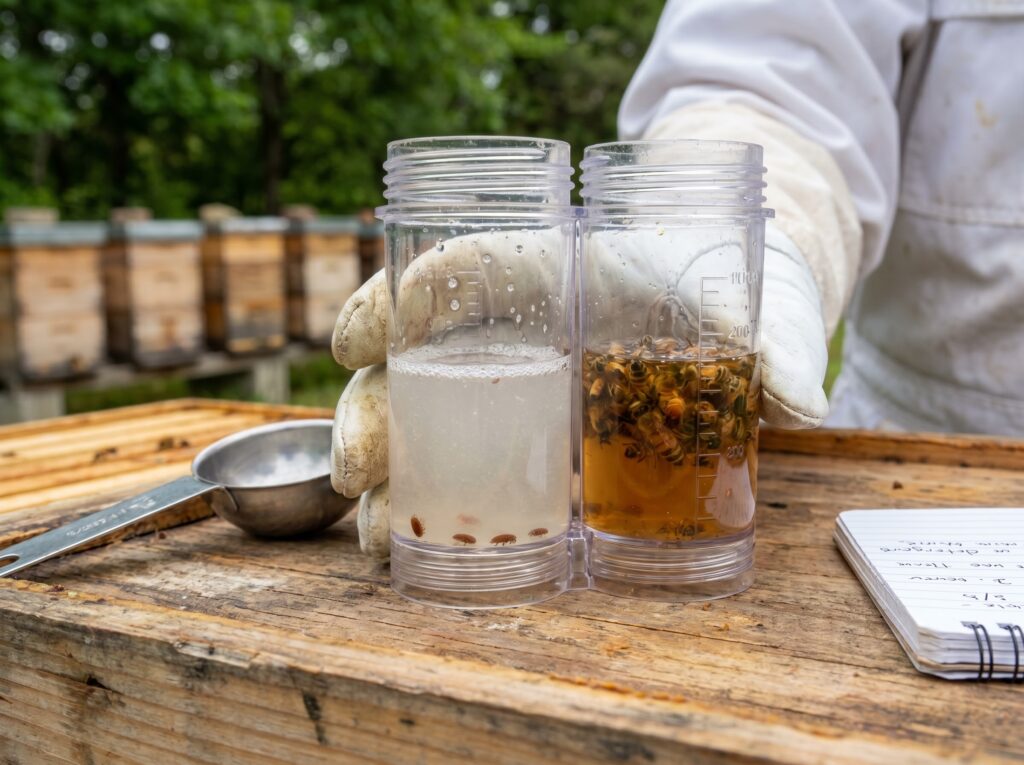 alcohol wash mite test showing varroa mites counted from a 300-bee sample