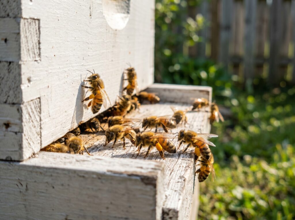 bees carrying pollen at a hive entrance, the calm read before a hive inspection begins