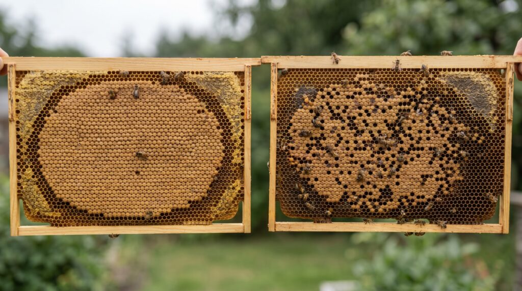 solid healthy brood pattern beside a spotty patchy brood pattern for comparison during inspection