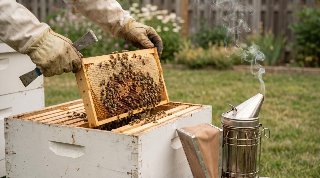gloved hands lifting a frame beside a smoking bee smoker during a calm hive inspection
