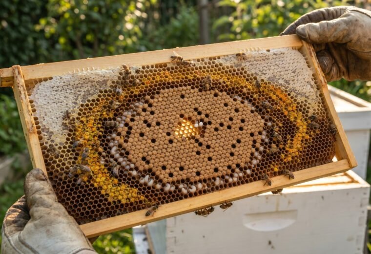 beekeeper holding a Langstroth brood frame showing eggs, larvae, capped brood, and honey