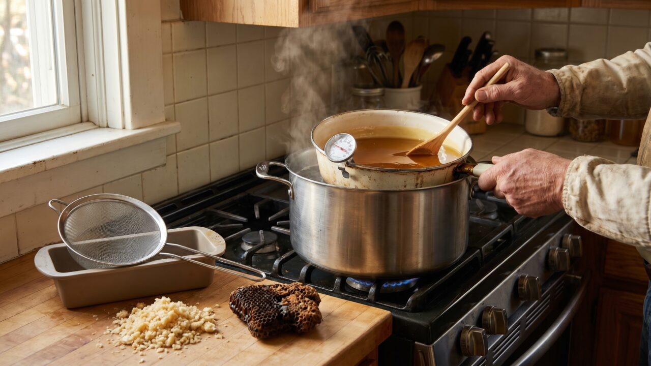 How to render beeswax: double boiler, solar melter, filtering, and casting clean blocks