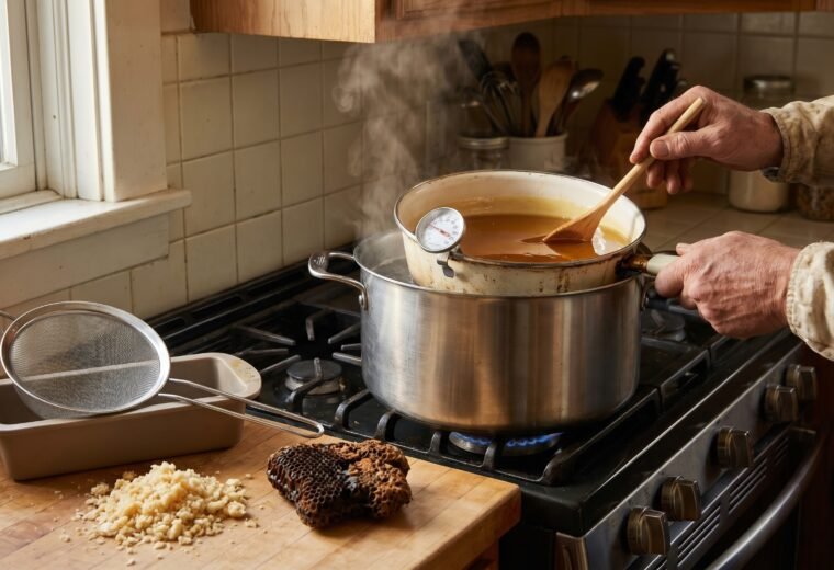 Beeswax rendering in a double boiler on a stovetop with thermometer and nylon filter beside it