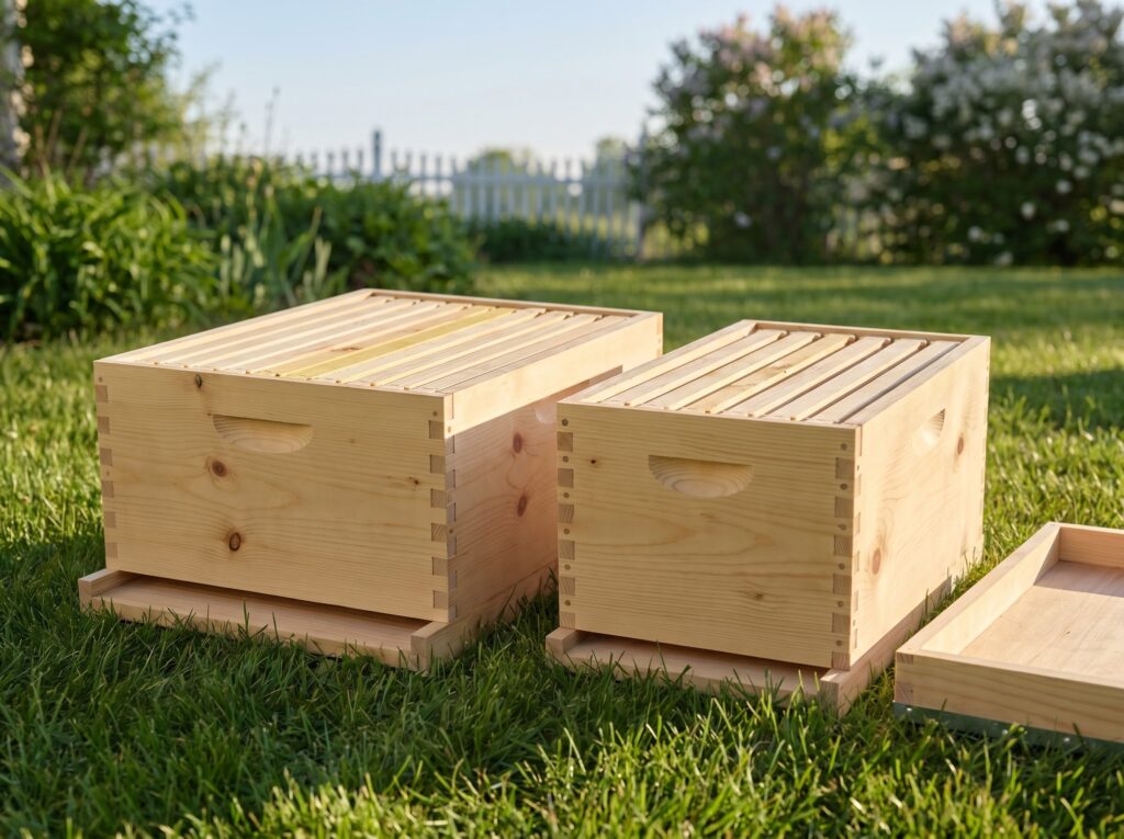 8-frame and 10-frame Langstroth deep hive boxes compared side by side on backyard grass