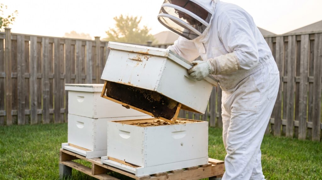Beekeeper lifting a full 10-frame Langstroth deep box during a hive inspection