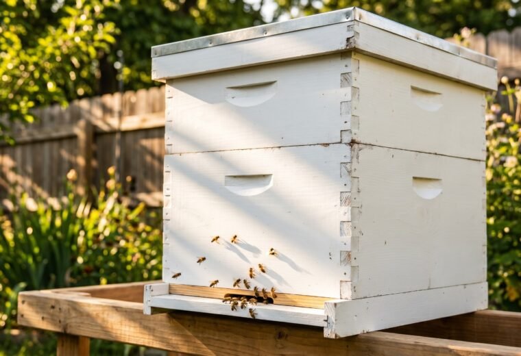 complete assembled Langstroth hive with two deeps and a medium super in a backyard garden