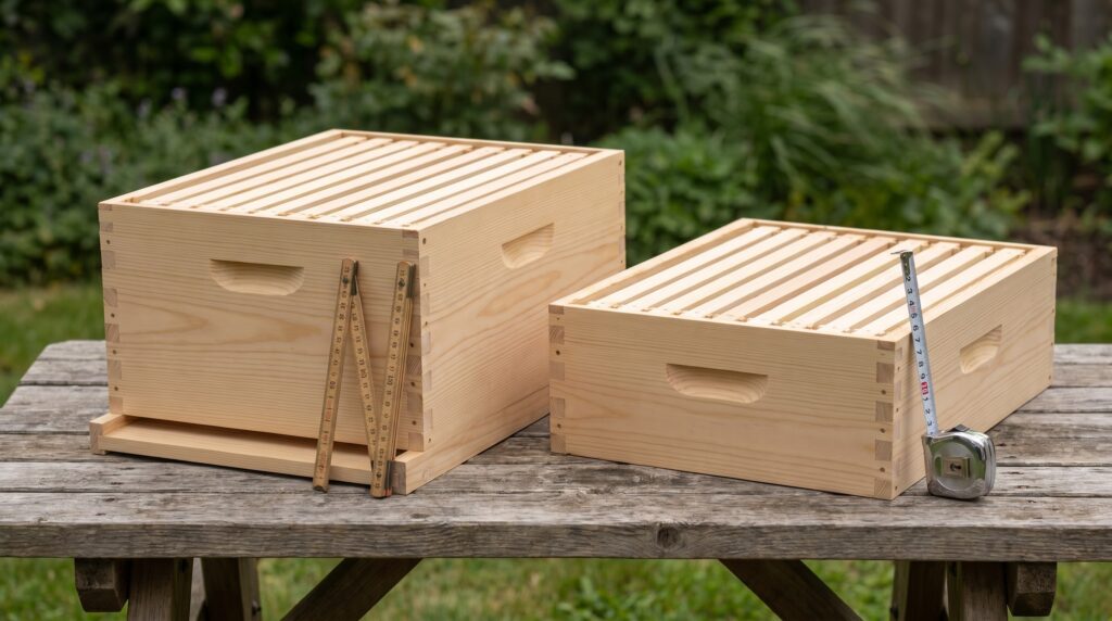 Langstroth deep box and medium super side by side showing height difference in natural pine