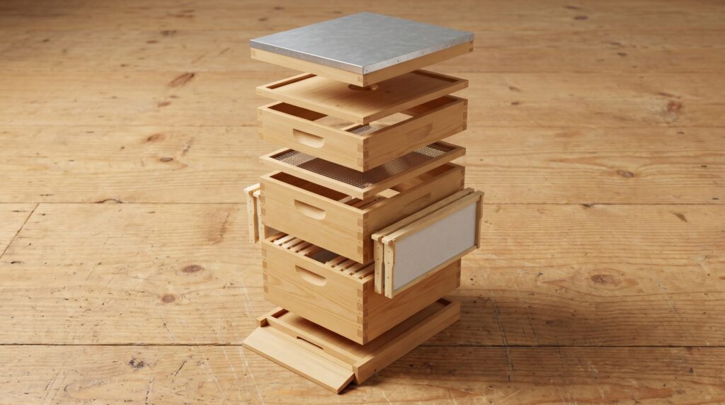Langstroth hive components separated and stacked to show each part from bottom board to cover