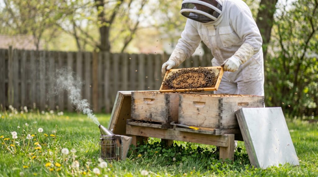 a beekeeper transferring a brood frame to split a strong hive during dandelion bloom