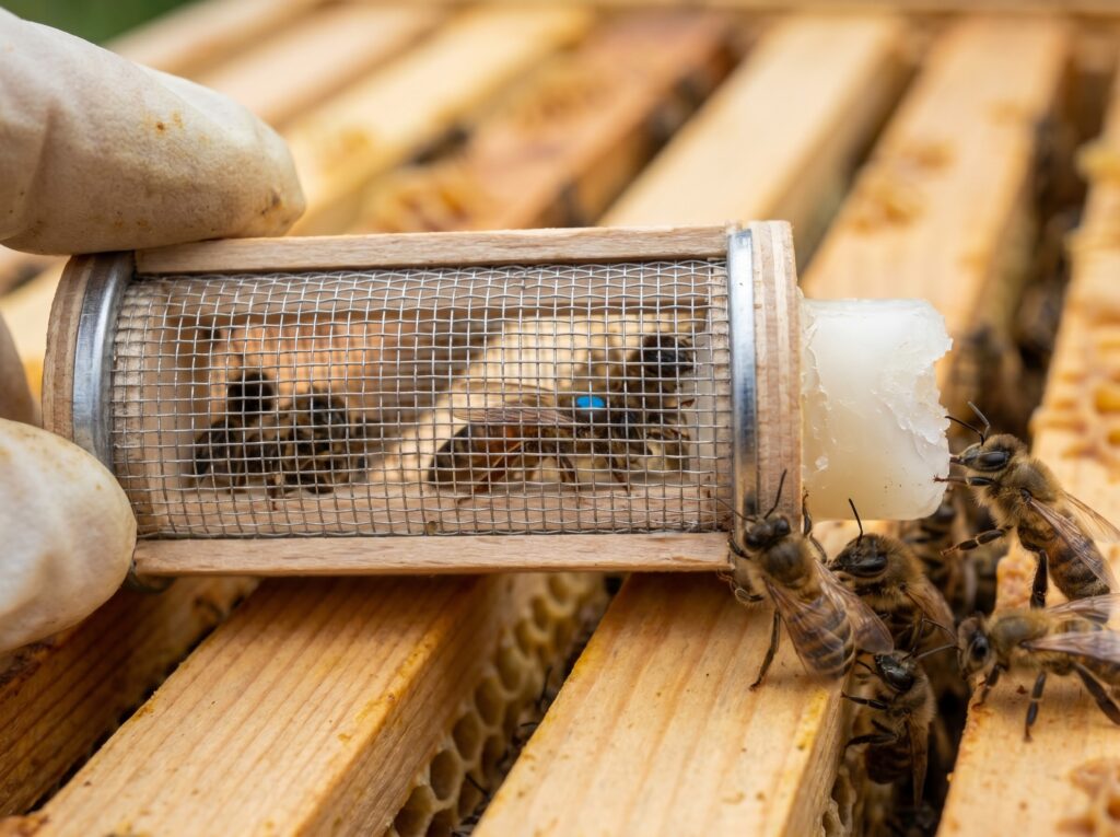 a mated queen in a cage with a candy plug ready for slow release into a colony
