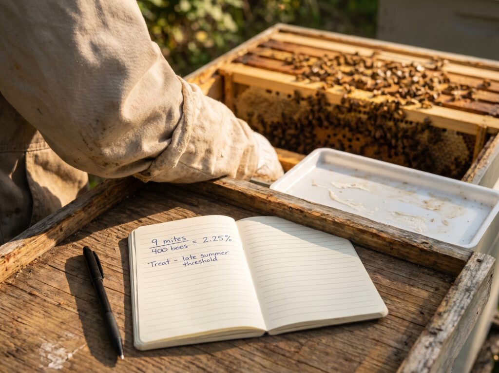 beekeeper notebook showing varroa mite count calculation beside an open hive