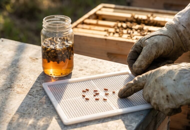 beekeeper counting reddish varroa mites on a white alcohol wash strainer tray