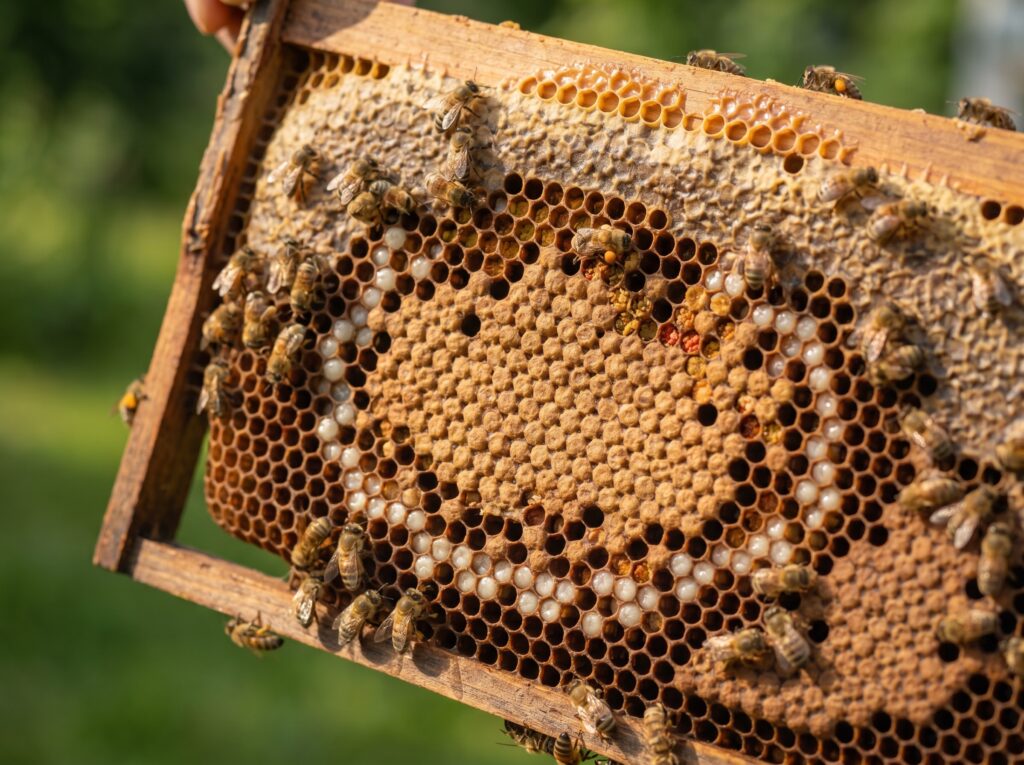 drawn nuc frame showing a tight capped brood pattern, pollen, and stored honey with bees