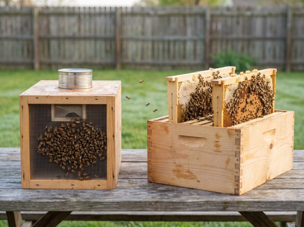 Three-pound package of bees beside an open five-frame nuc on drawn comb for comparison