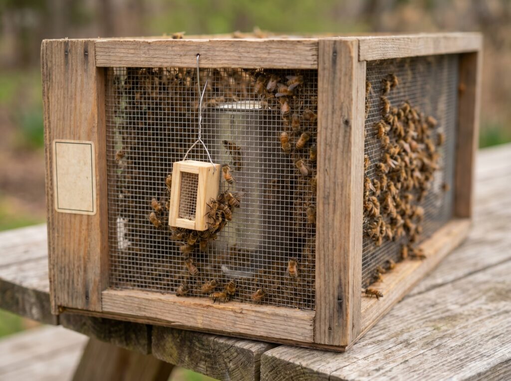screened package box of loose honey bees with a suspended queen cage before install