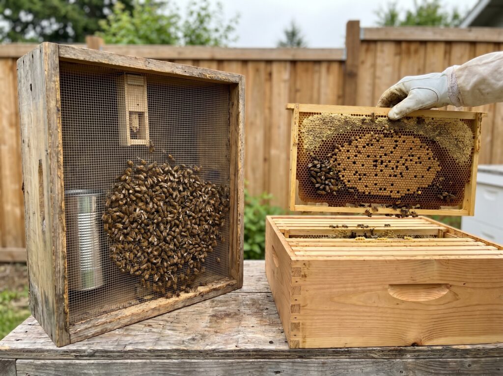 Package of loose bees beside an open nuc frame of drawn comb and brood