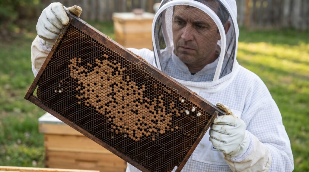spotty irregular brood capping pattern on a Langstroth frame indicating a colony problem