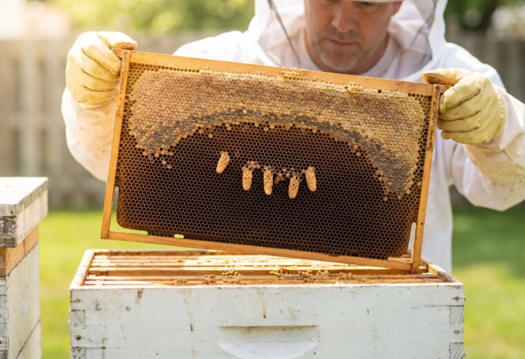 Beekeeper holding Langstroth frame showing empty brood cells and queen cells indicating a queenless hive