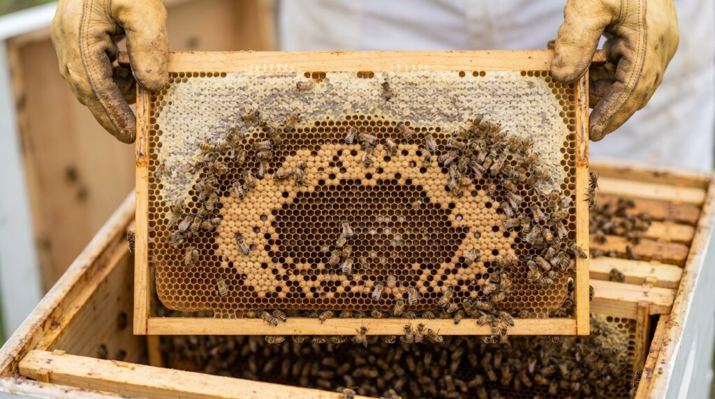beekeeper holding a frame of eggs and young brood to rescue a queenless hive