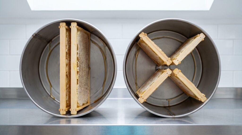 Side-by-side comparison of tangential and radial honey extractor baskets with loaded Langstroth frames
