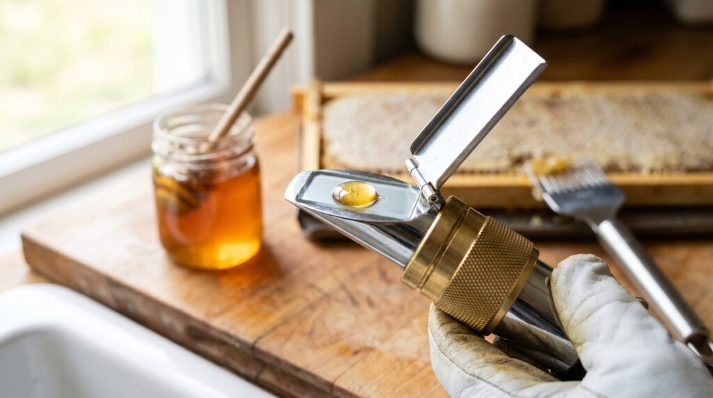 Handheld refractometer with a bead of honey used to check moisture content before harvesting