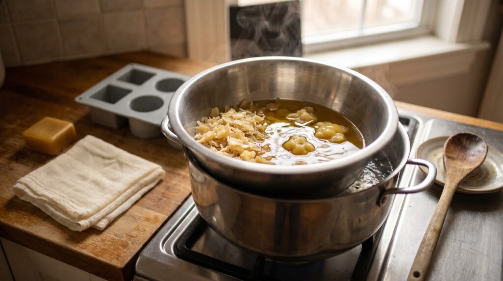 Beeswax cappings melting in a double boiler with cheesecloth and a candle mold ready