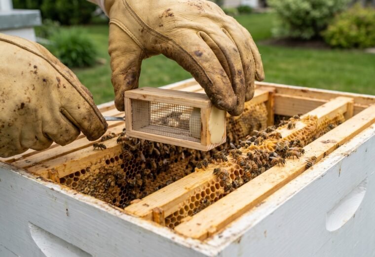 beekeeper's gloved hands placing a queen introduction cage between brood frames during requeening