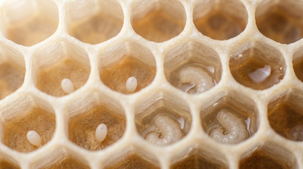 close-up of honeycomb cells with upright eggs confirming new queen has begun laying after introduction