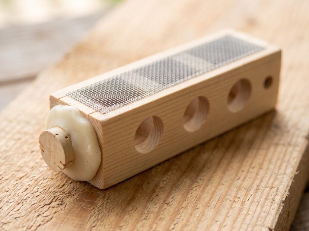 queen bee mailing cage showing white candy plug with cork stopper inserted before introduction