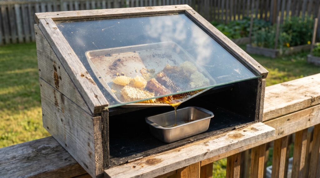 Wooden solar wax melter on a sunny deck with melting comb dripping golden beeswax into a pan