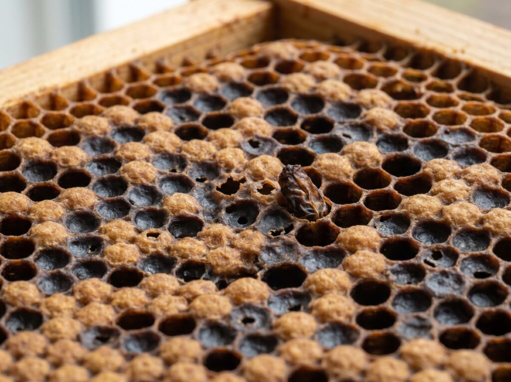 Spotty brood frame showing sunken dark cappings and perforated cells alongside normal capped brood