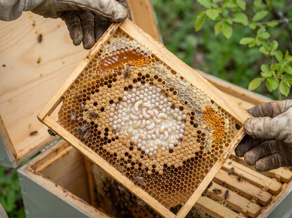 gloved hands holding a spring brood frame showing eggs, larvae, and capped brood during inspection