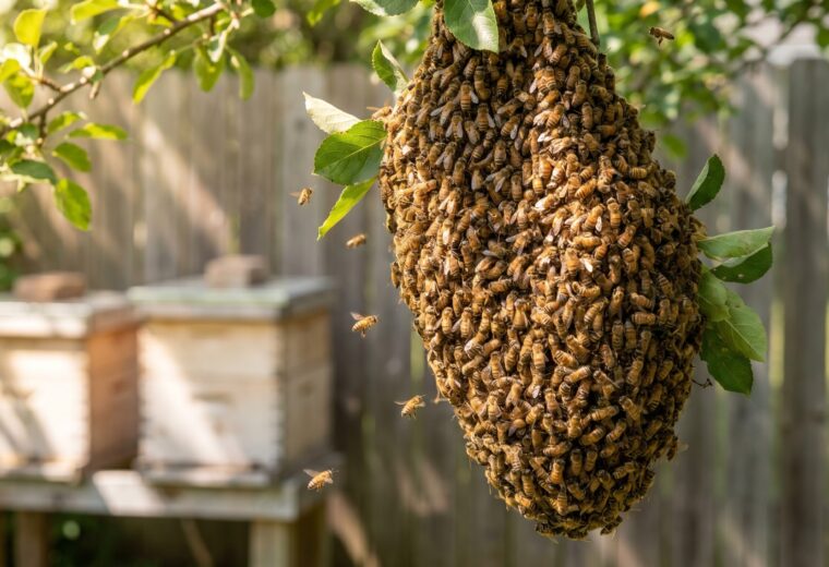a docile spring honey bee swarm clustered on a low branch near backyard hives
