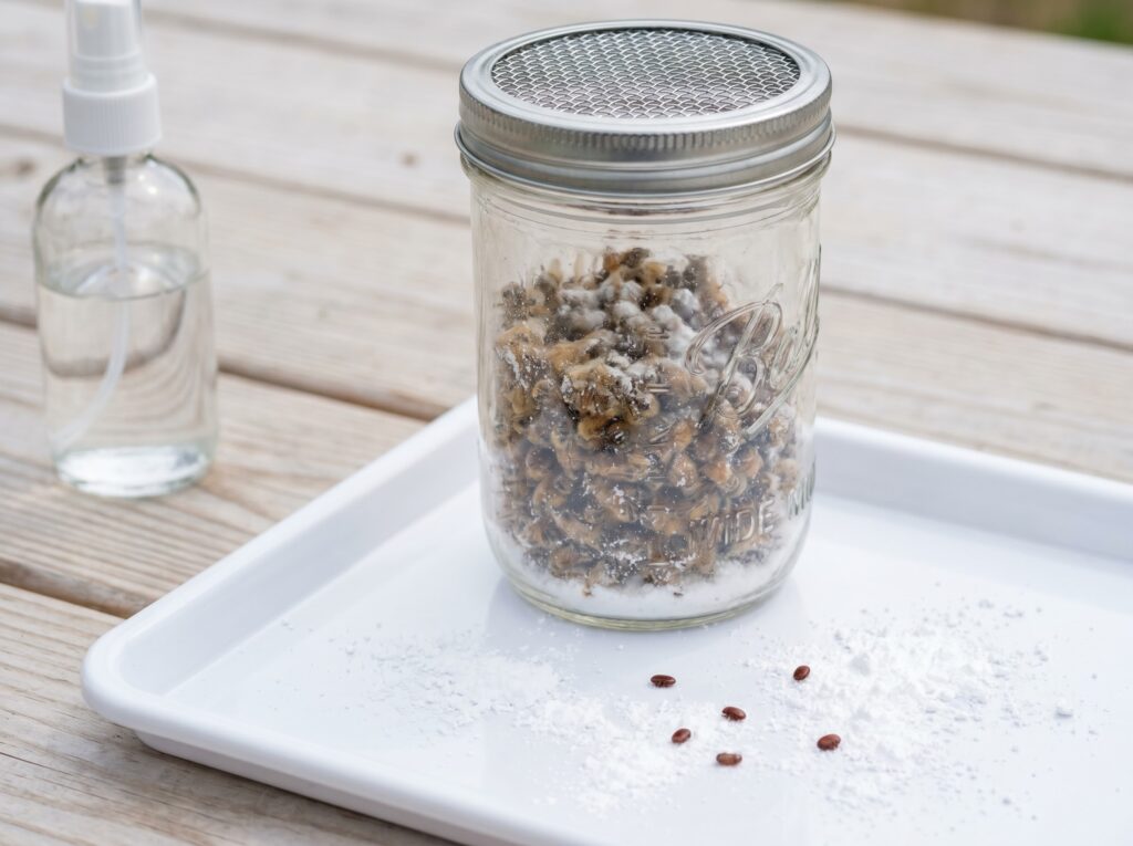 mason jar sugar roll test with powdered-sugar-coated bees and mites on white tray