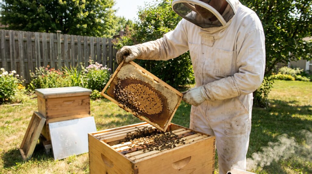 Beekeeper lowering a test frame of open brood into a suspect queenless hive for diagnosis