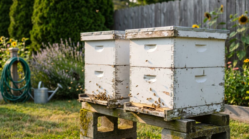 Two white Langstroth beehives side by side in a backyard apiary, the recommended beginner setup