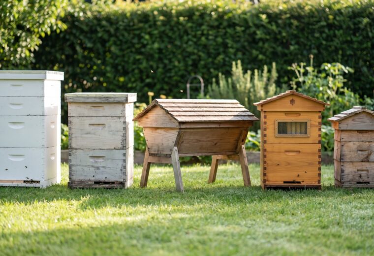 Five types of beehives lined up in a backyard, Langstroth, top-bar, Flow, and Warre