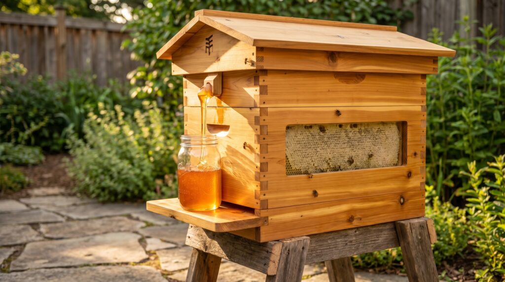 Flow Hive draining amber honey through a tube into a glass jar from its side harvesting shelf