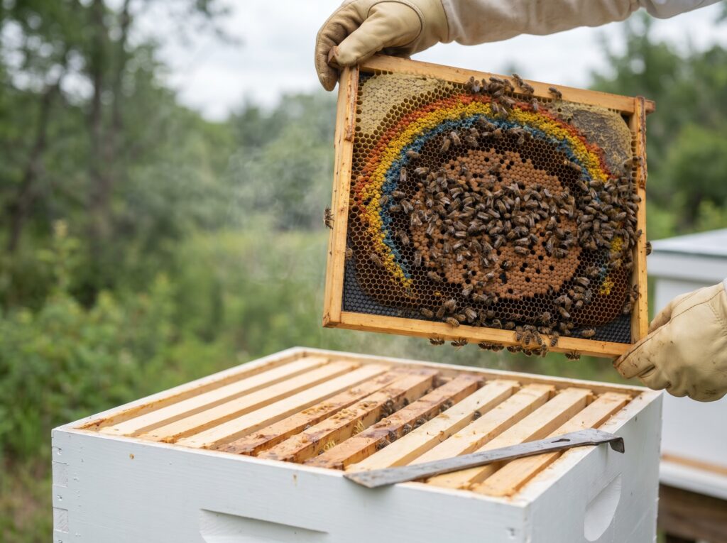 Beekeeper lifting a Langstroth frame of capped brood to inspect, showing easy frame-by-frame access