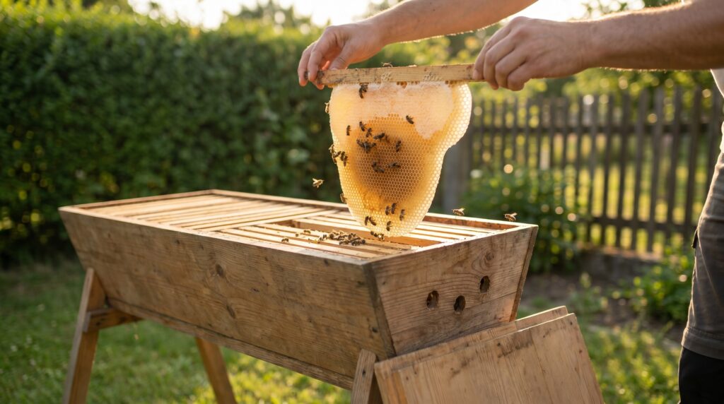 Top-bar hive opened to show natural comb hanging from a single raised bar at waist height