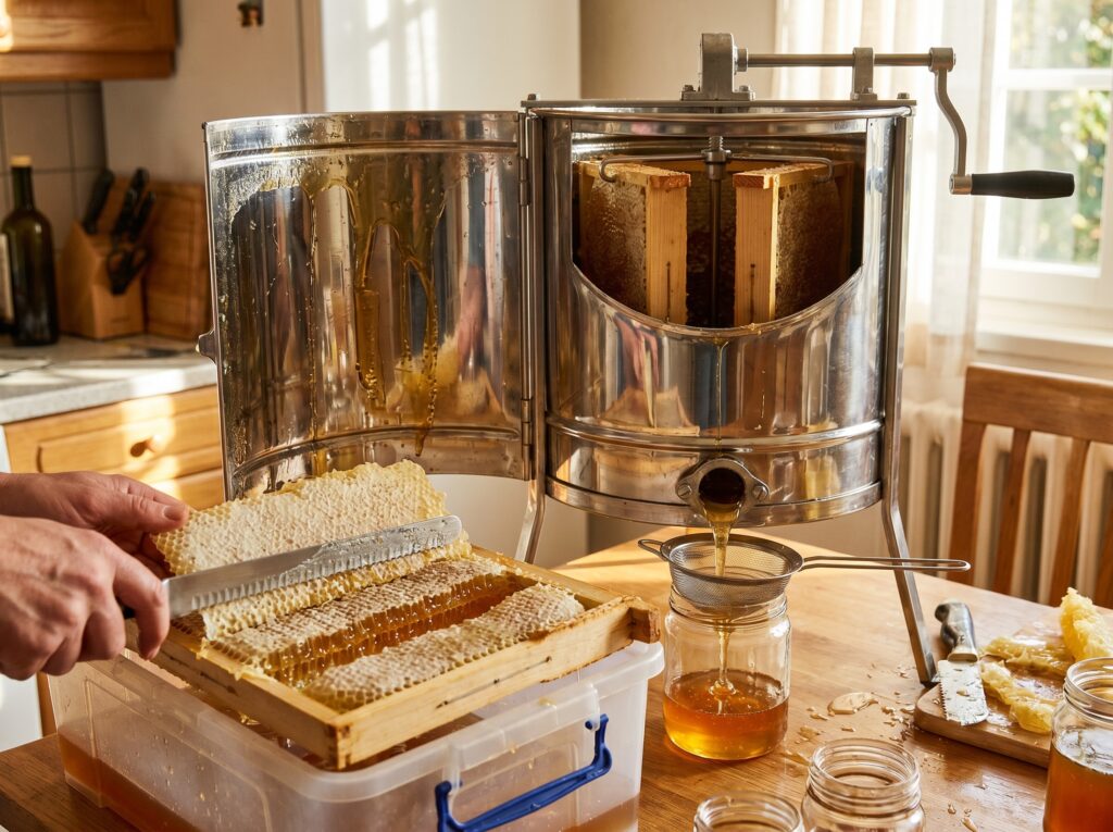 Uncapping a honey frame beside a stainless extractor spinning honey into a strainer and jar