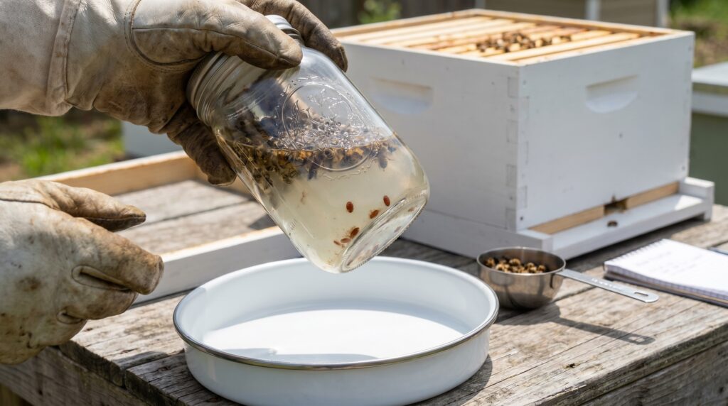 Beekeeper shaking a jar of bees in alcohol to count varroa mites in a sample
