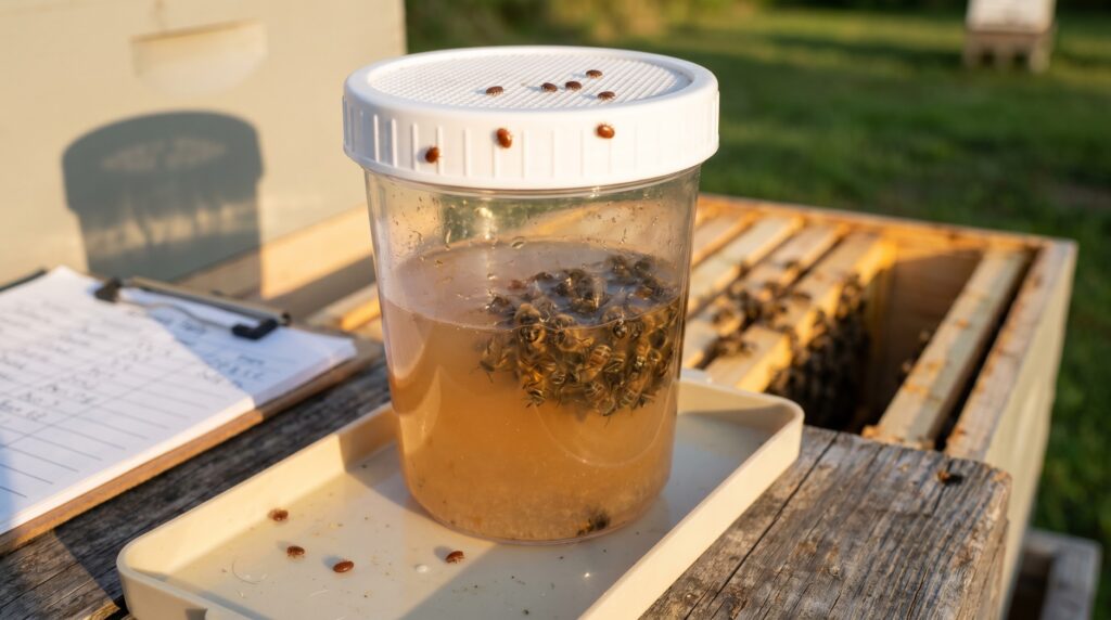 an alcohol wash jar with bees and separated varroa mites for a late summer mite count